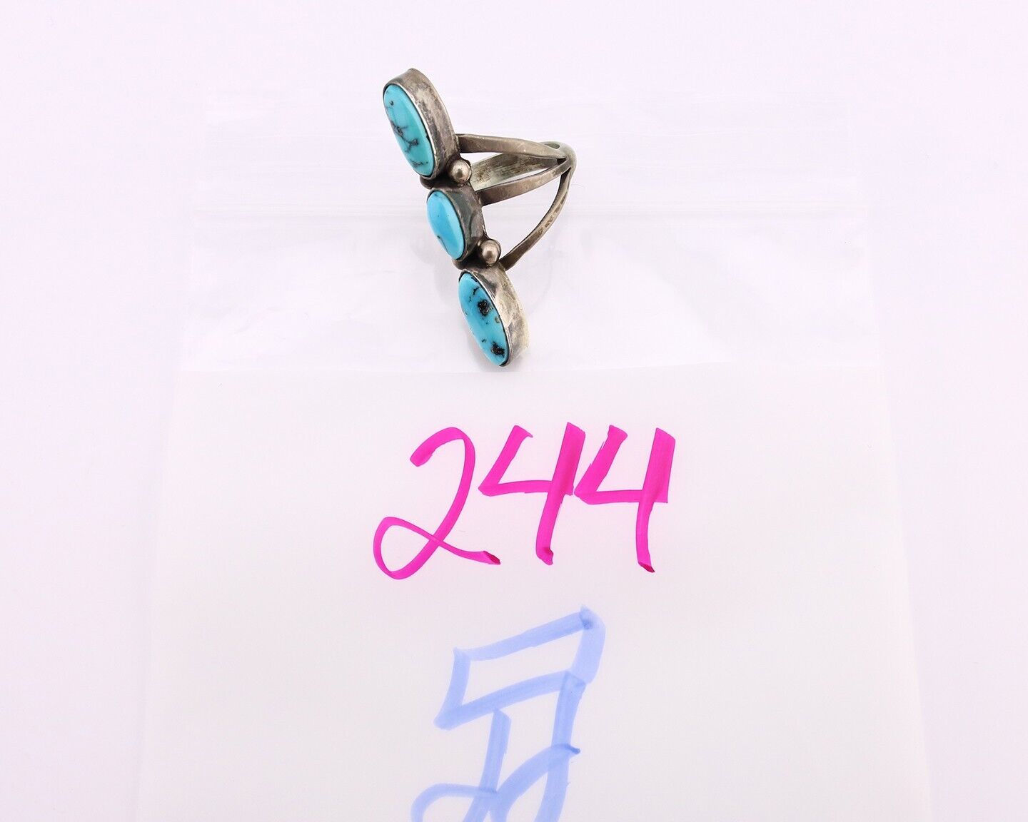 Navajo 3 Stone Ring 925 Silver Blue Turquoise Native American Artist C.80's