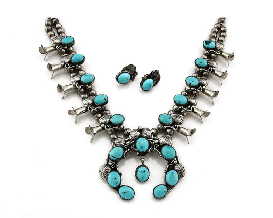 Navajo Squash Necklace Earring Set Sterling Silver Turquoise Vintage C.80's