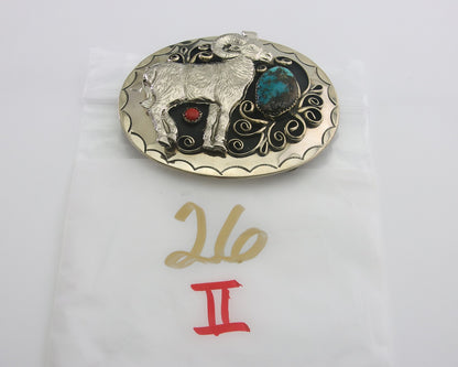 Navajo Belt Buckle .999 Nickel Buffalo Gemstone Signed 2.35 x 3.0 in C.80's