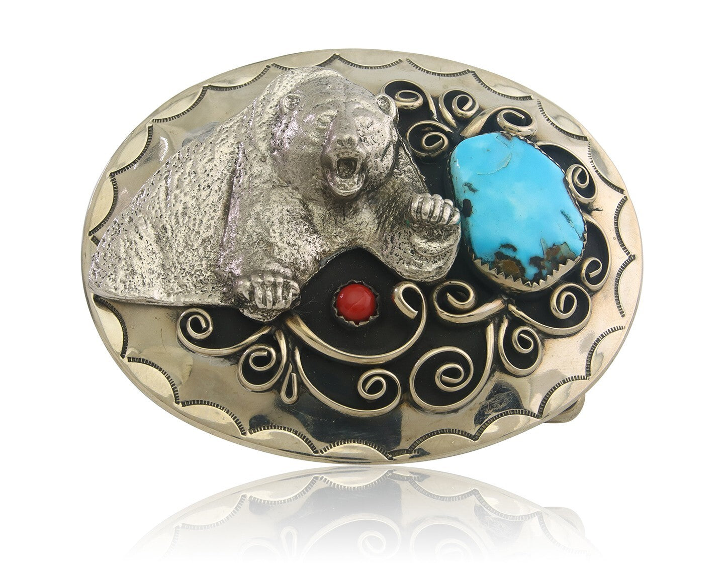 Navajo Belt Buckle .999 Nickel Buffalo Gemstone Handmade 2.5 x 3.0 in C.80's