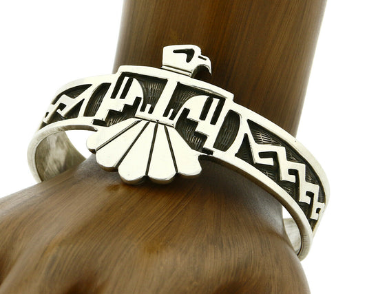 Navajo Handmade Bracelet .925 Silver Thunderbird Overlay Cuff