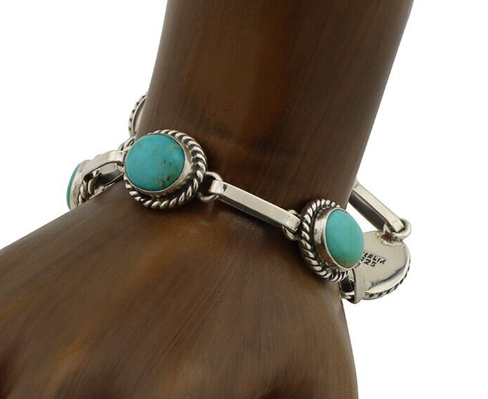 Navajo Link Bracelet 925 Silver Kingman Turquoise Native American Artist C.80's
