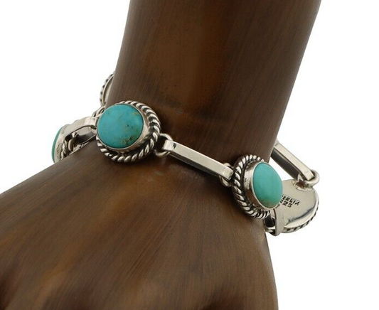 Navajo Link Bracelet 925 Silver Kingman Turquoise Native American Artist C.80's