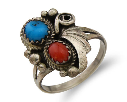 Navajo Ring 925 Silver Turquoise & Coral Native American Artist C.80's