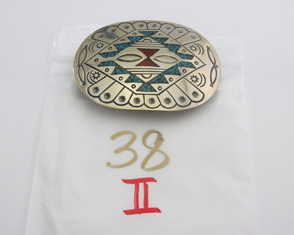 Navajo Belt Buckle .999 Nickel Buffalo Gemstone Signed Chee Keams 2.25x3.0 C.80s