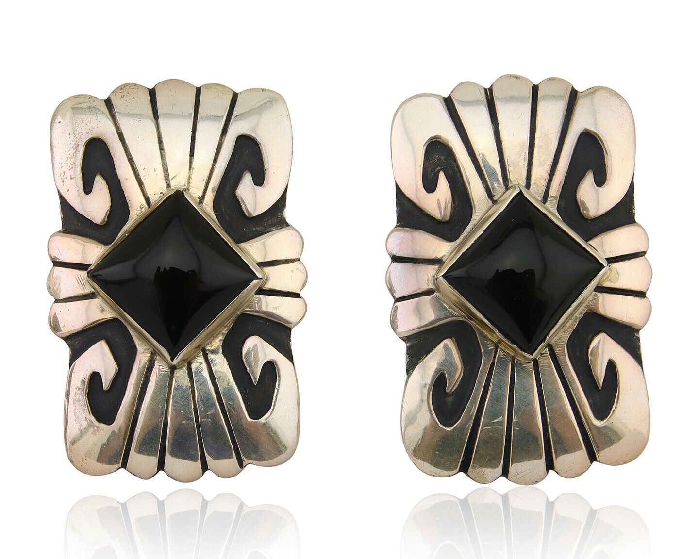 Navajo Handmade Earrings 925 Silver Onyx Artist Signed Thomas Singer C.70's