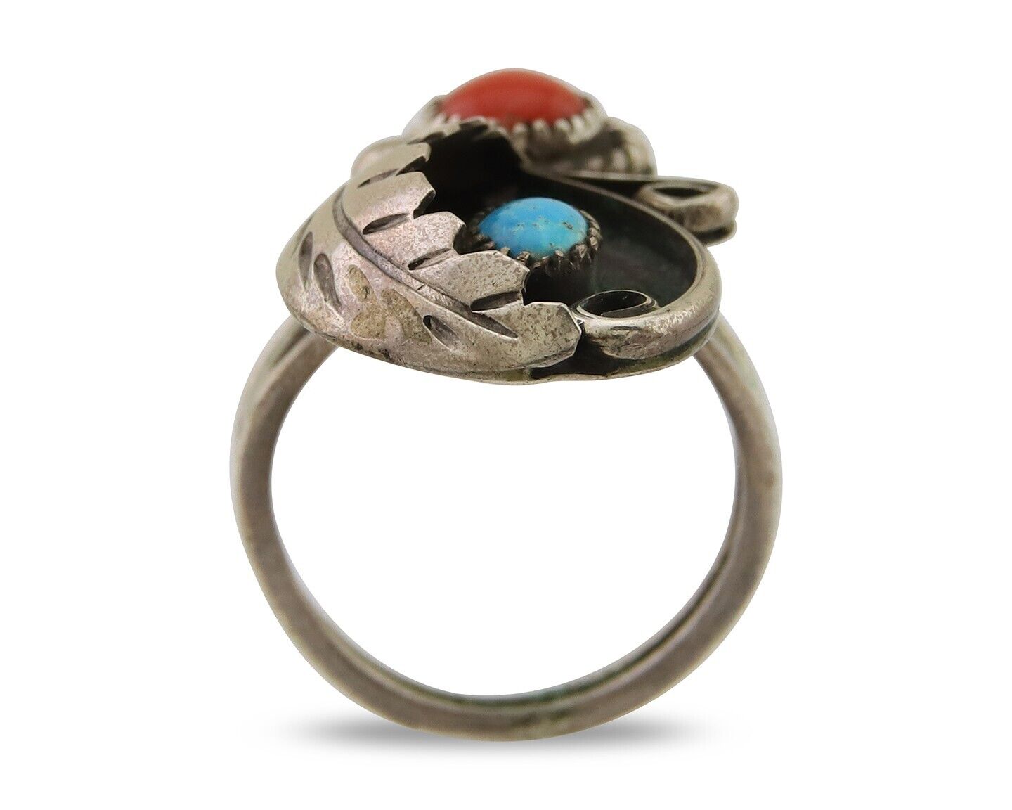 Navajo Handmade Ring 925 Silver Turquoise & Coral Native Artist C.80's