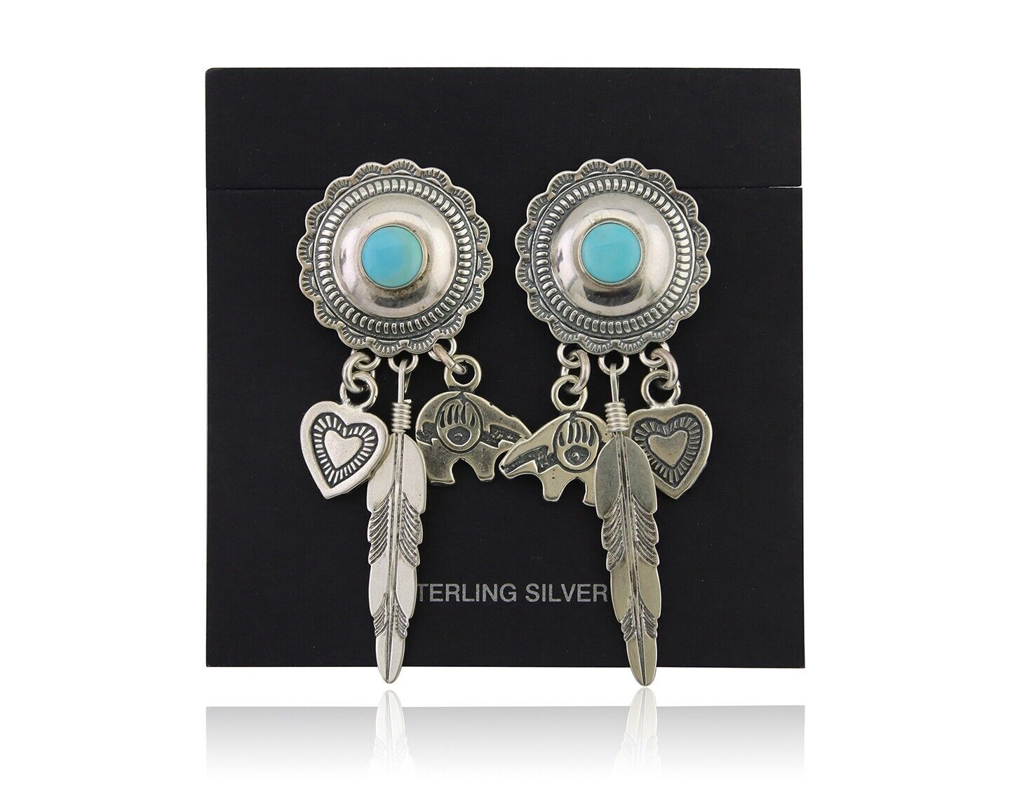 Navajo Concho Dangle Bear Feather Heart Earrings 925 Silver Natural Turquoise