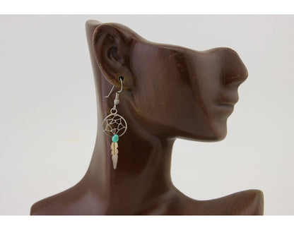 Navajo Dangle Dream Catcher Earrings 925 Silver Blue Turquoise Native Artist C80