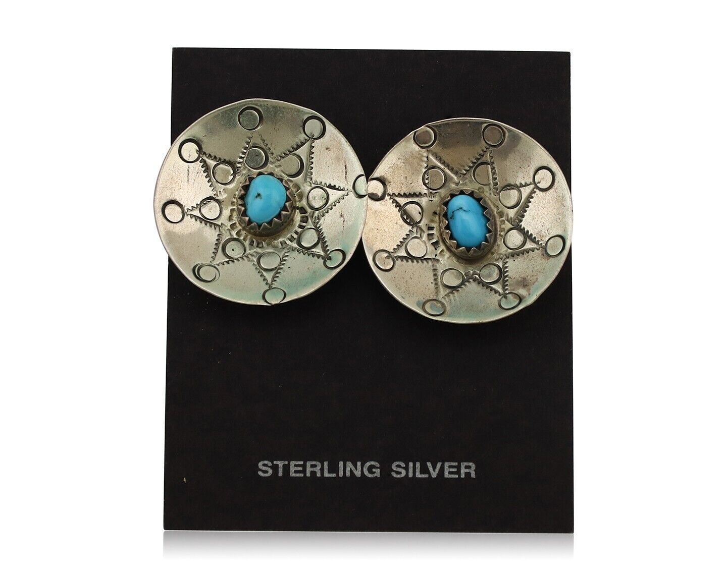 Navajo Hand Stamped Earrings 925 Silver Turquoise Signed Helen Harrison C.80's