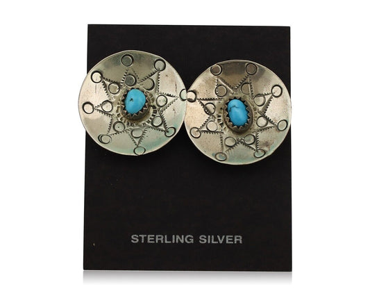 Navajo Hand Stamped Earrings 925 Silver Turquoise Signed Helen Harrison C.80's