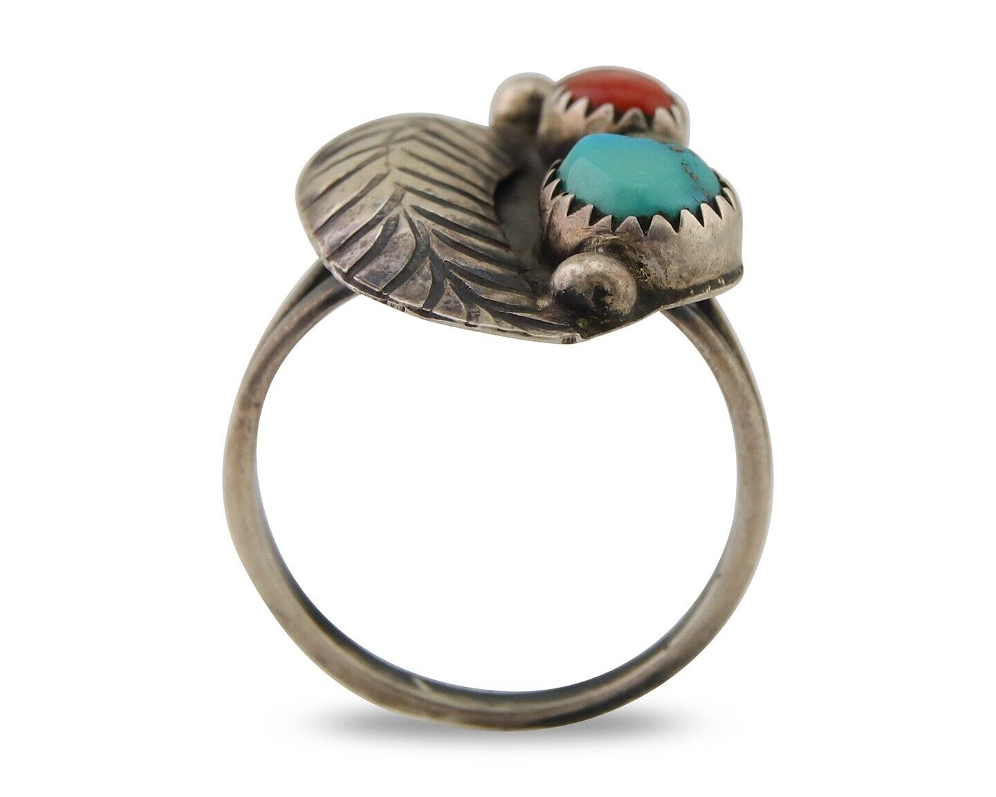 Navajo Ring 925 Silver Turquoise & Coral Artist Signed Moore C.80's