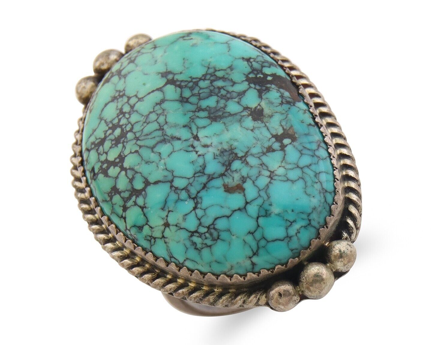 Navajo Ring 925 Sterling Spiderweb Blue Turquoise Native Artist C.80's Size 7.5