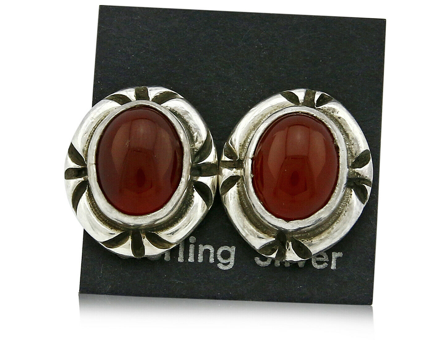 Navajo Hand Stamped Natural Mined Cornelian .925 SOLID Silver Stud Earrings