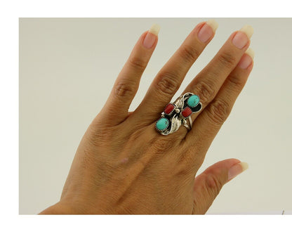 Navajo Handmade Ring 925 Silver Coral & Turquoise Native Artist C.80's