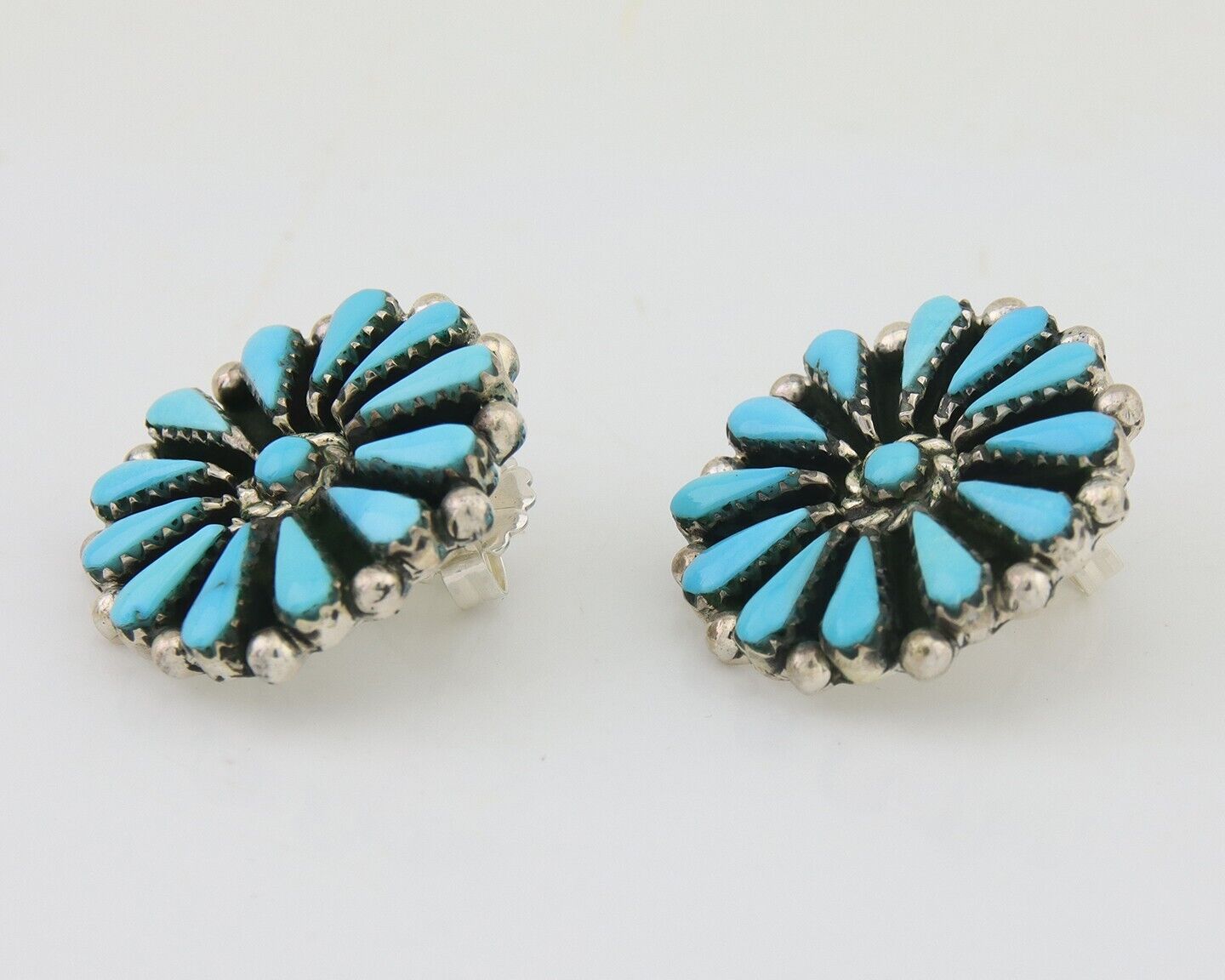 Navajo Petit Point Earrings 925 Silver Turquoise Signed Benson Yazzie C.80's