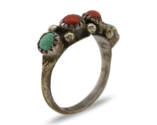 Navajo Ring 925 Silver Turquoise & Coral Native American Artist C.80's