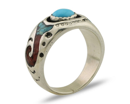 Navajo Ring 925 Silver Turquoise & Coral Natural American Artist C.80's