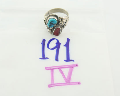 Men Navajo Ring 925 Sterling Natural Coral & Turquoise Signed JM C.80's Size 11