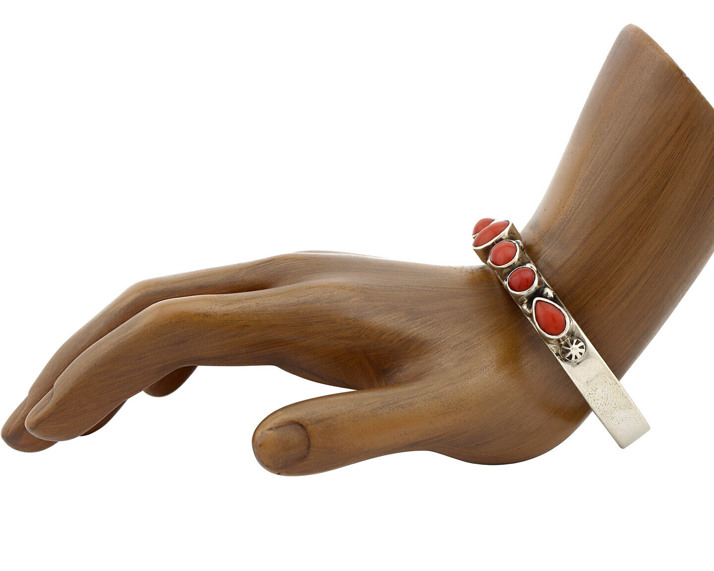 Navajo Bracelet .925 Silver Natural Red Coral Artist Signed Circle JW C.1980's