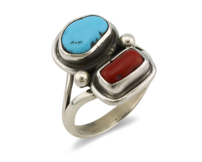 Navajo Ring 925 Silver SB Turquoise & Red Coral Native American Artist C.80s