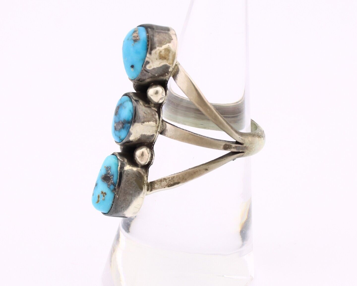 Navajo 3 Stone Ring 925 Silver Blue Turquoise Native American Artist C.80's