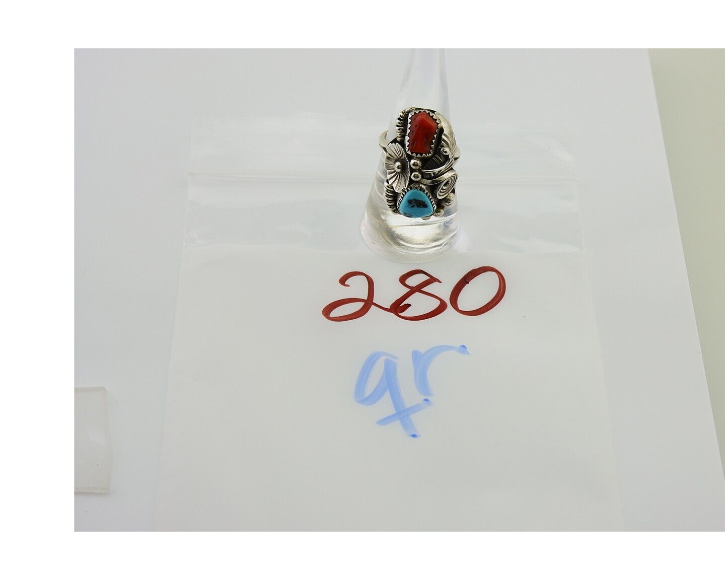 Navajo Handmade Ring 925 Silver Coral & Turquoise Signed Circle Max C.80's