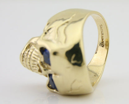 Men 14k SOLID Gold Skull Ring Silica Blue Sapphire Eyes Size 11