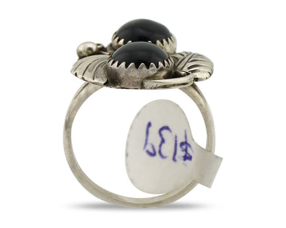Navajo Ring 925 Silver Onyx Hand Stamped Artist Signed Tom Willeto C.80's