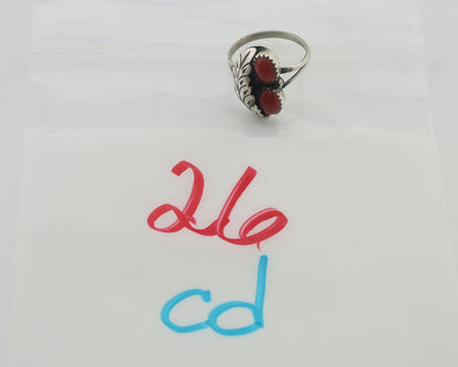 Navajo Handmade Ring 925 Silver Natural Mediterranean Coral Signed 88 C.80's