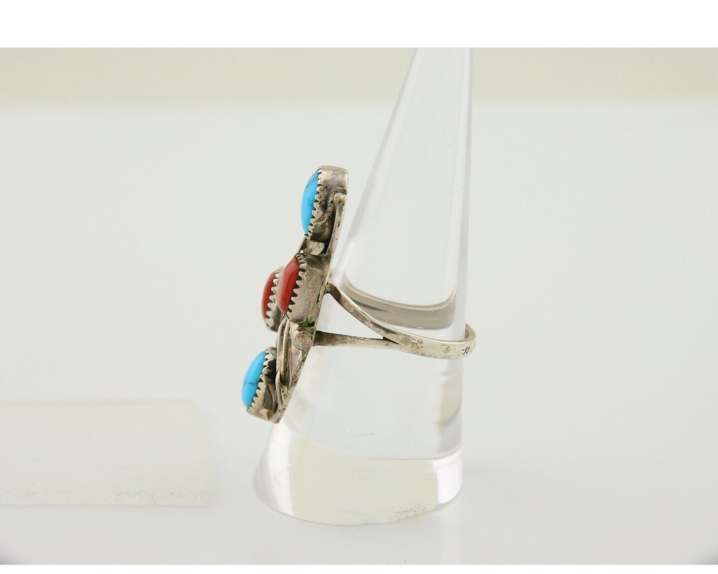 Navajo Handmade Ring 925 Silver Coral & Turquoise Native Artist C.80's