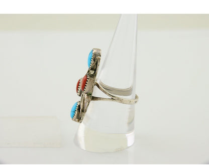 Navajo Handmade Ring 925 Silver Coral & Turquoise Native Artist C.80's