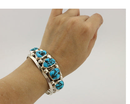 Navajo Bracelet 925 Silver Nugget Sleeping Beauty Turquoise Artist Signed JR C80