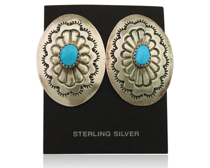 Navajo Earrings 925 Silver Concho Hand Stamped Turquoise Native Artist C.80's