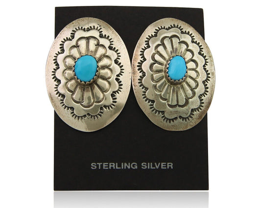 Navajo Earrings 925 Silver Concho Hand Stamped Turquoise Native Artist C.80's