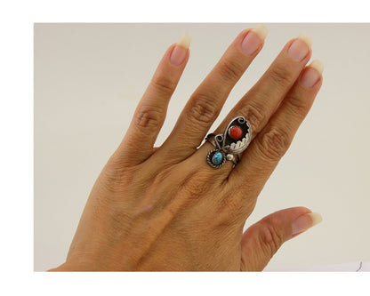 Navajo Handmade Ring 925 Silver Turquoise & Coral Native Artist C.80's