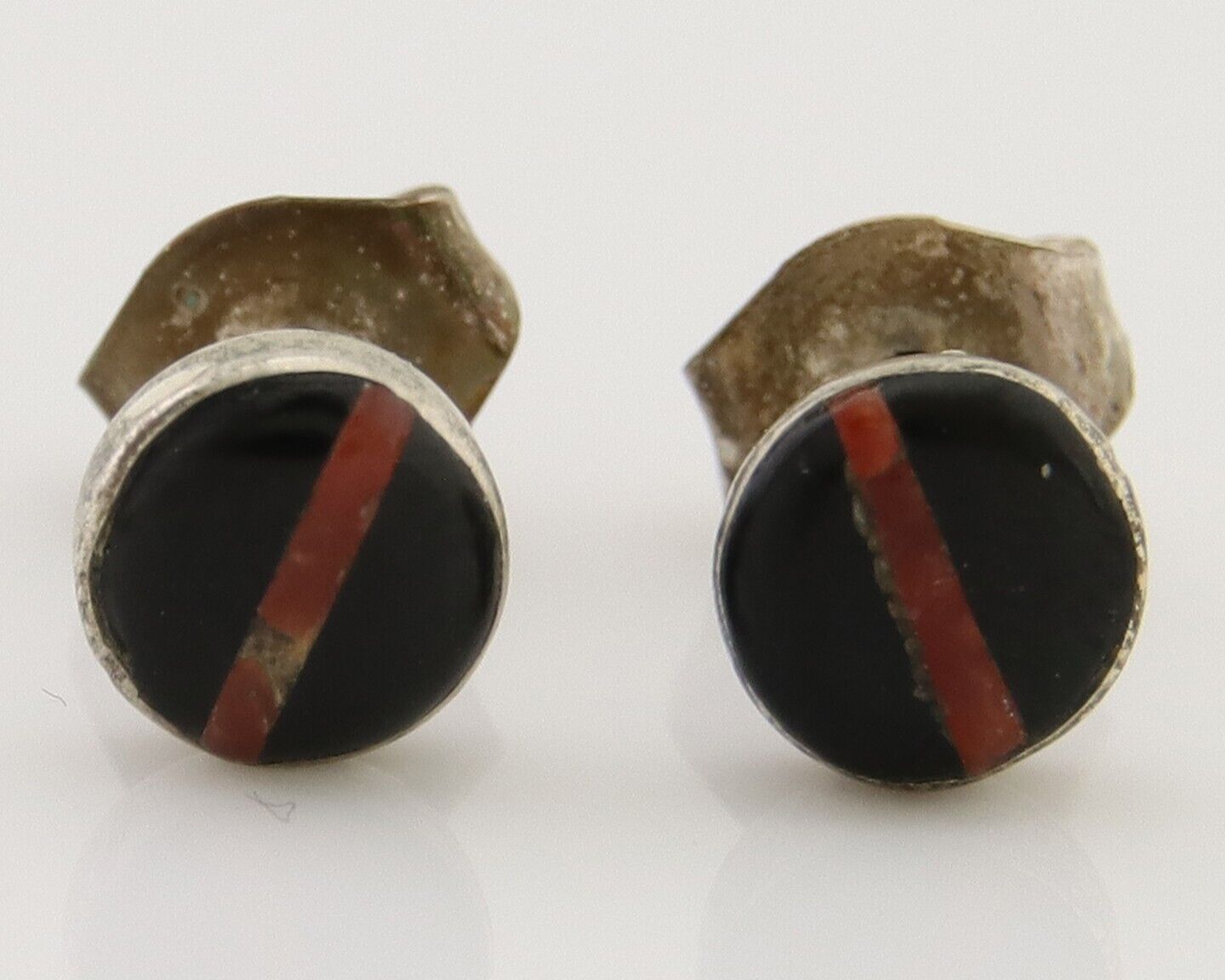 Navajo Earrings 925 Silver Inlaid Natural Onyx & Coral Native Artist C.80's
