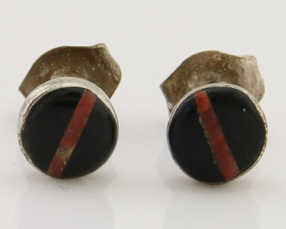 Navajo Earrings 925 Silver Inlaid Natural Onyx & Coral Native Artist C.80's