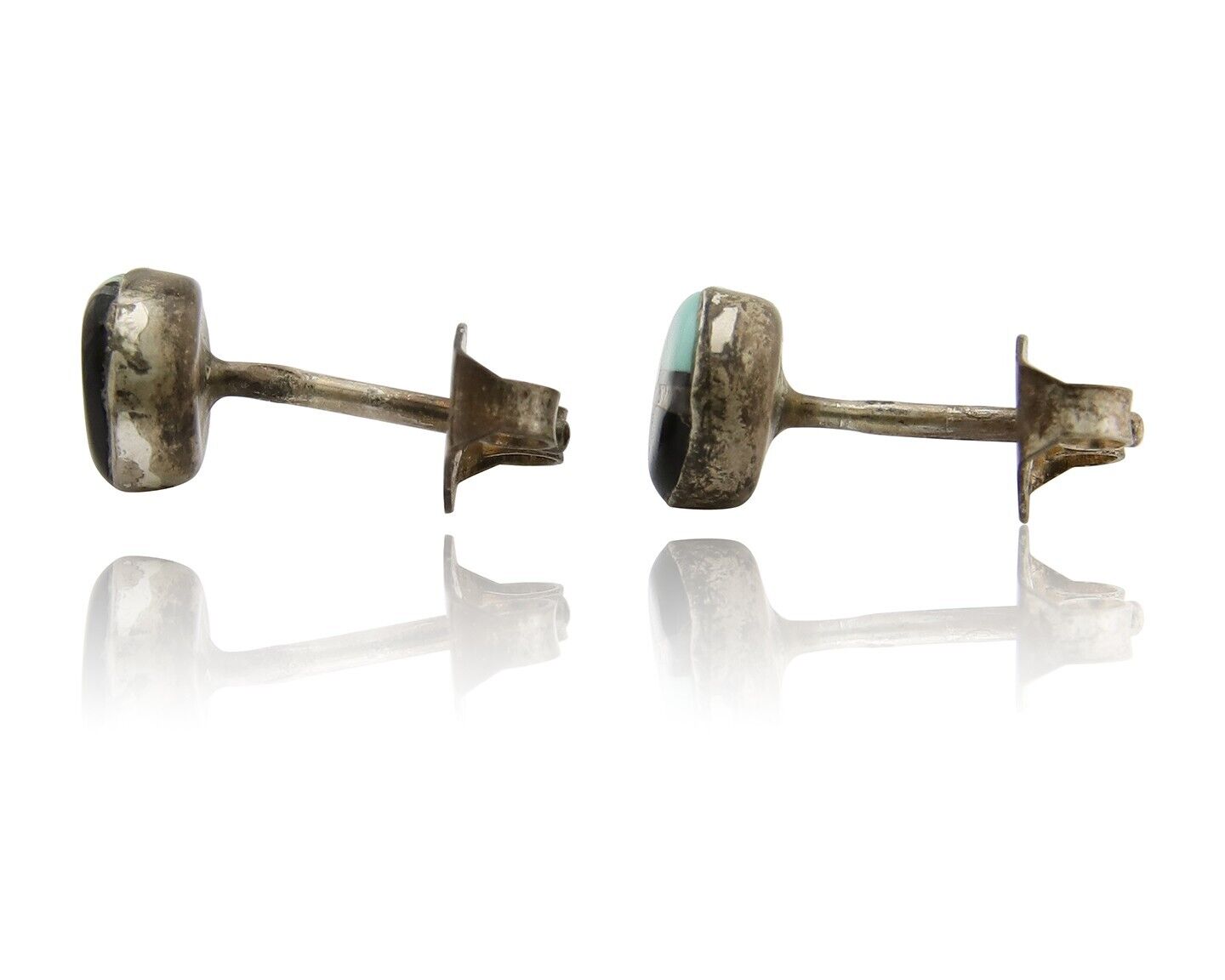 Navajo Earrings 925 Silver Inlaid Natural Onyx & Turquoise Native American C.80s