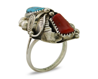 Navajo Handmade Ring 925 Silver Coral & Turquoise Signed Circle Max C.80's
