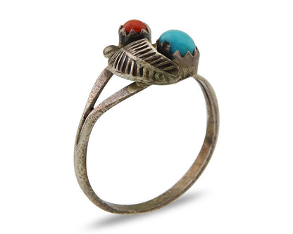 Navajo Handmade Ring 925 Silver Turquoise & Coral Native Artist C.80's
