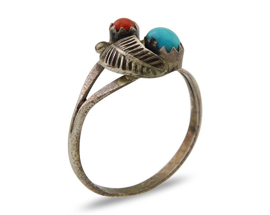 Navajo Handmade Ring 925 Silver Turquoise & Coral Native Artist C.80's