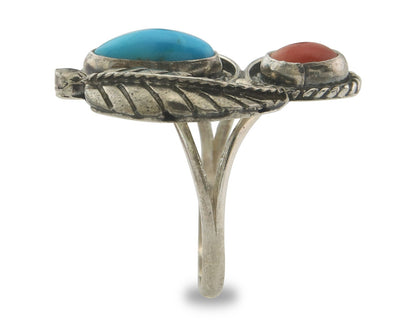 Navajo Ring 925 Sterling Natural Coral & Turquoise Signed EH C.80's Size 7.5