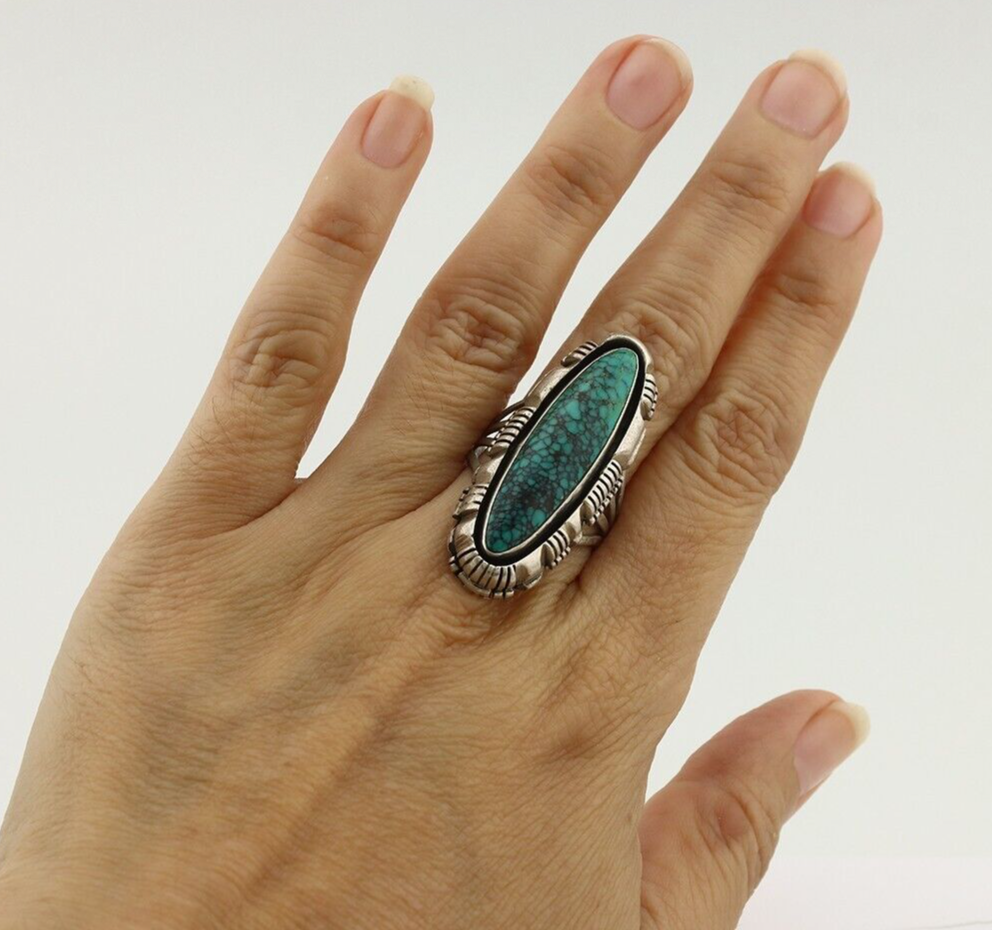 Navajo Ring 925 Silver Spiderweb Turquoise Signed WIEHE & RLI C.80's