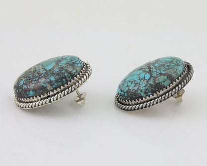 Navajo Earrings 925 Silver Blue Diamond Turquoise Signed Running Bear C.80's