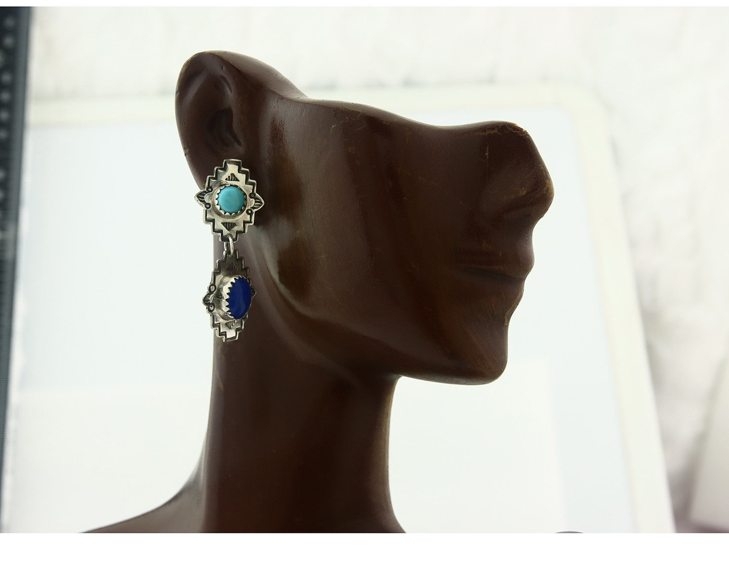 Navajo Earrings Sterling Silver Lapis & Truquoise Vintage Signed Mary Ellen