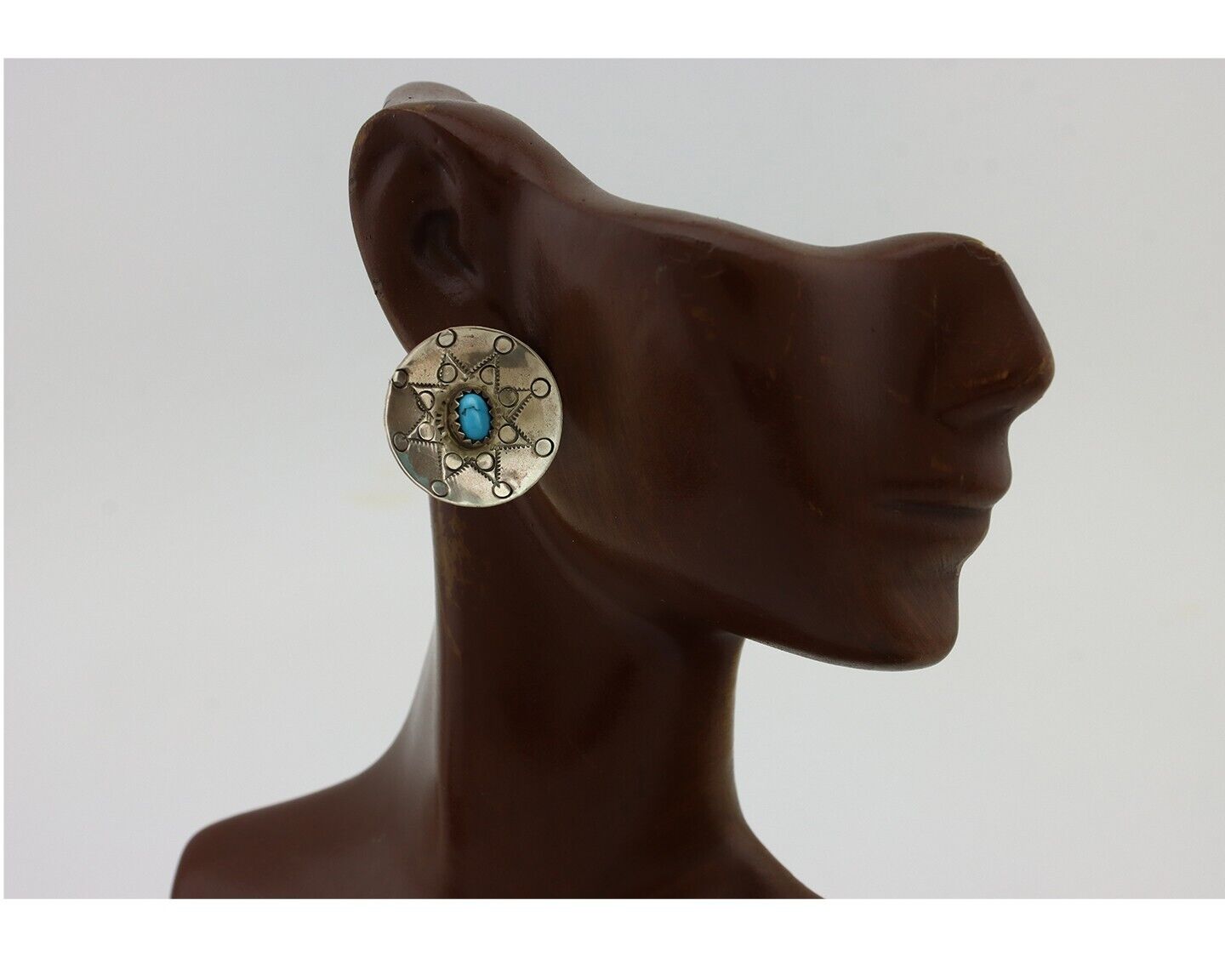 Navajo Hand Stamped Earrings 925 Silver Turquoise Signed Helen Harrison C.80's