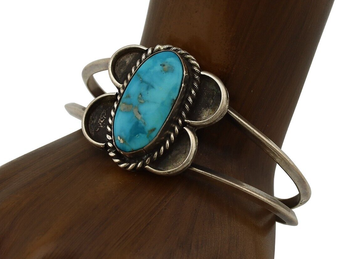 Navajo Bracelet 925 Silver Natural Blue Turquoise Native American Artist C.80's