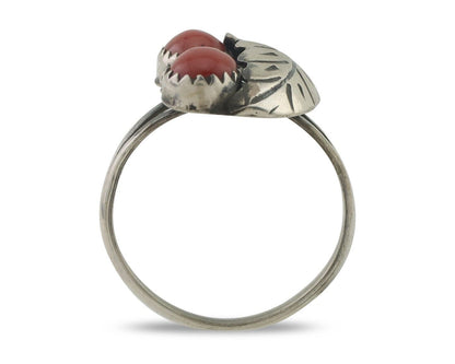 Navajo Handmade Ring 925 Silver Natural Mediterranean Coral Signed 88 C.80's