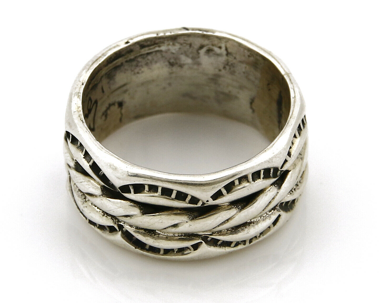 Navajo Ring .925 Silver Handmade Hand Stamped 3 Row Rope Band C.1980's Size 6.0